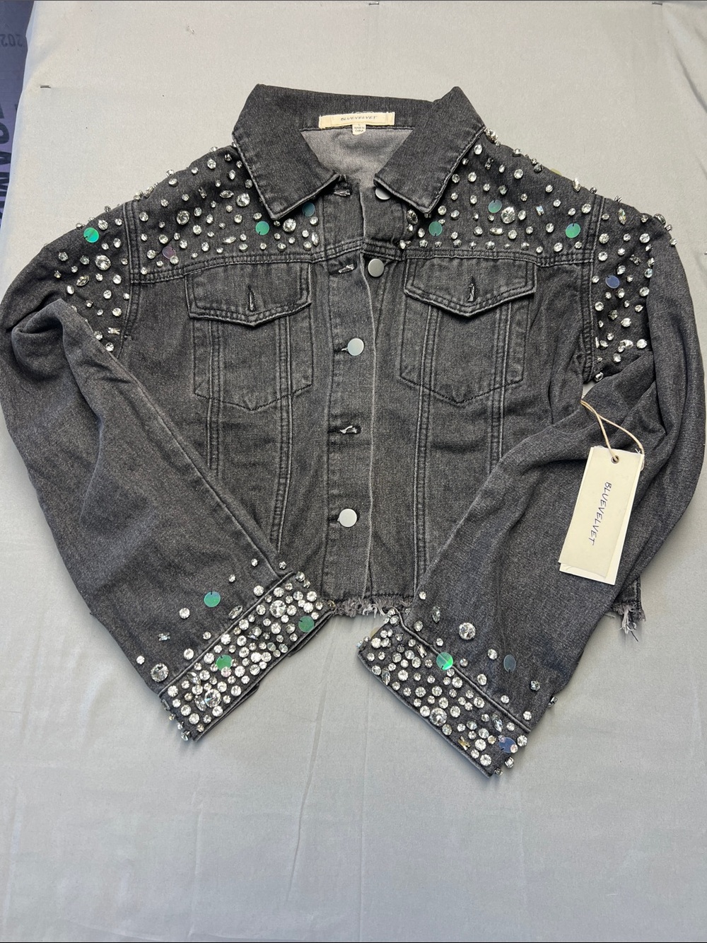 Blue velvet, embellished, jean jacket